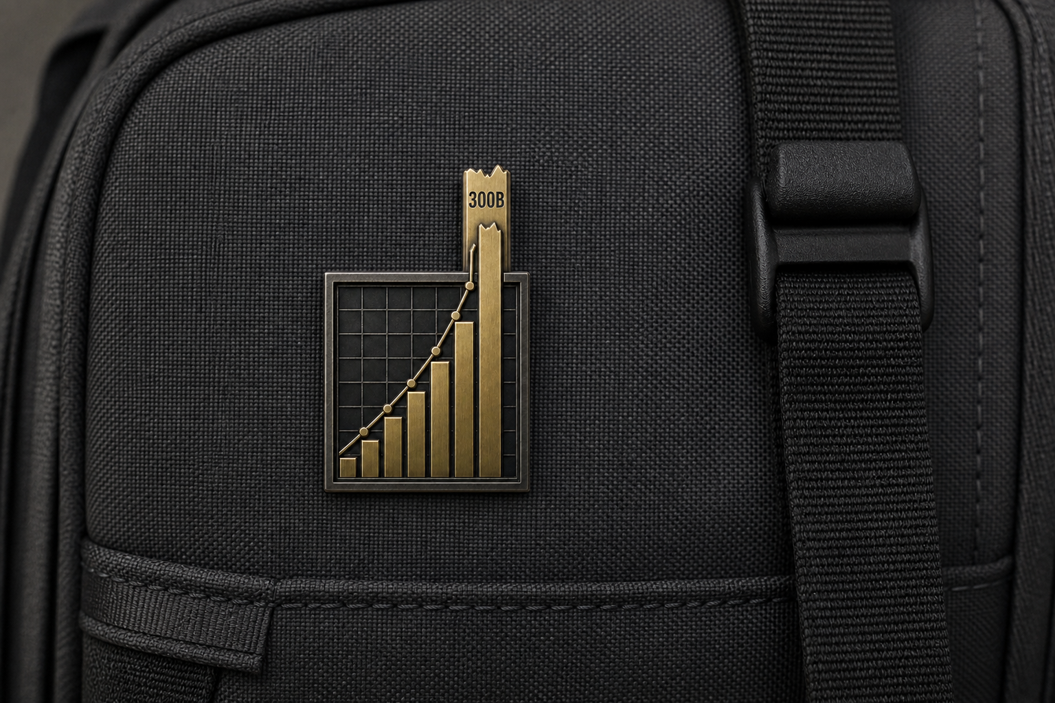 The Y-Axis Broke badge mounted on a dark technical backpack