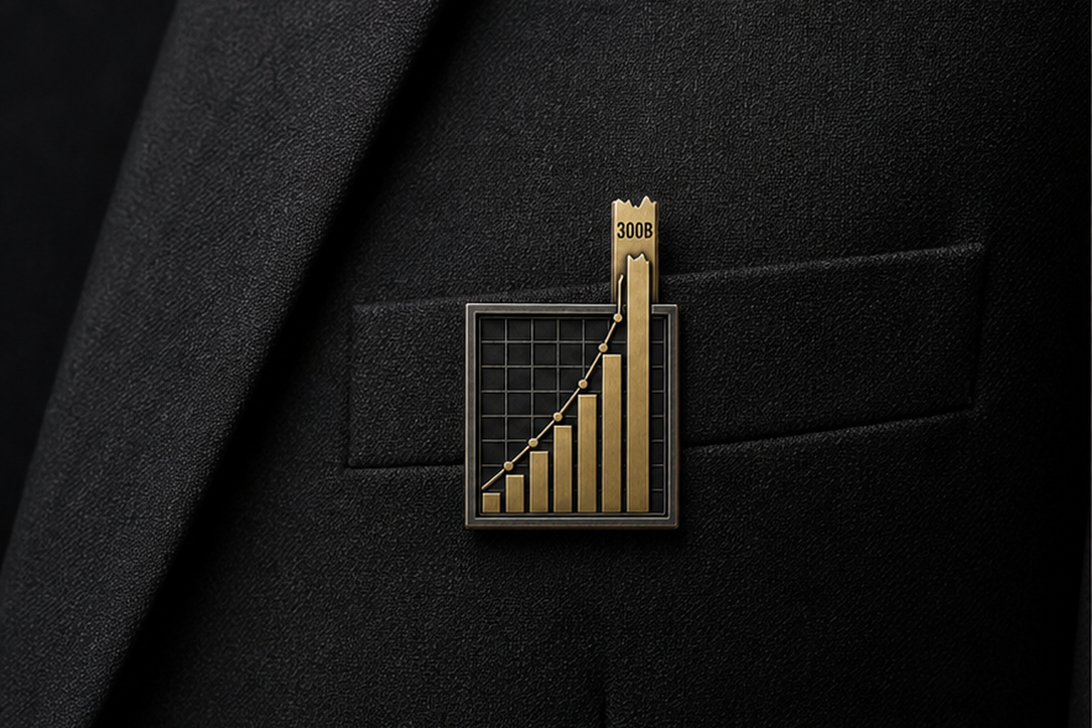The Y-Axis Broke badge mounted at the breast-pocket edge of a black wool blazer without a recognisable person