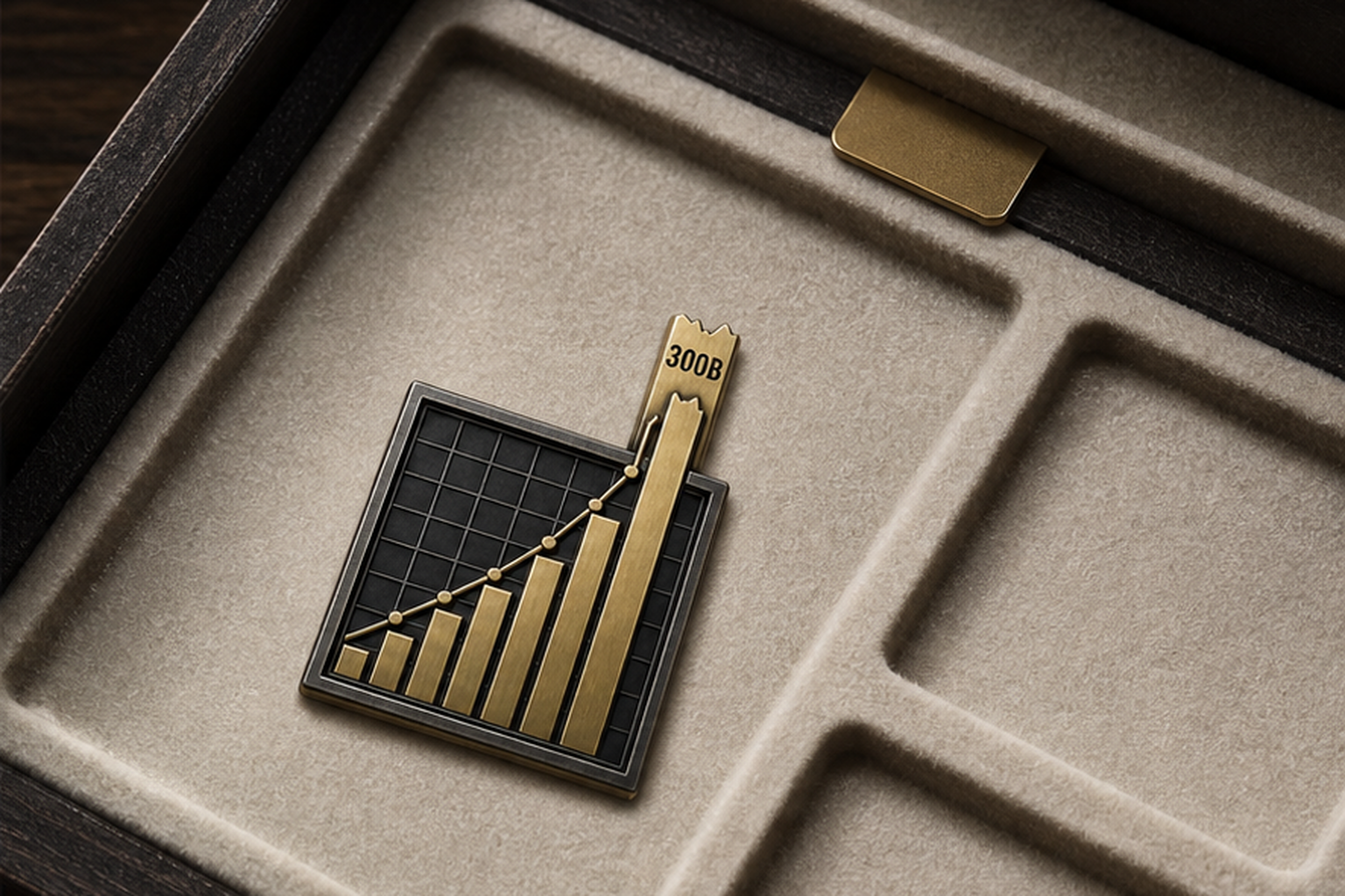 The Y-Axis Broke badge resting in a dark archival collector drawer with warm ivory felt channels