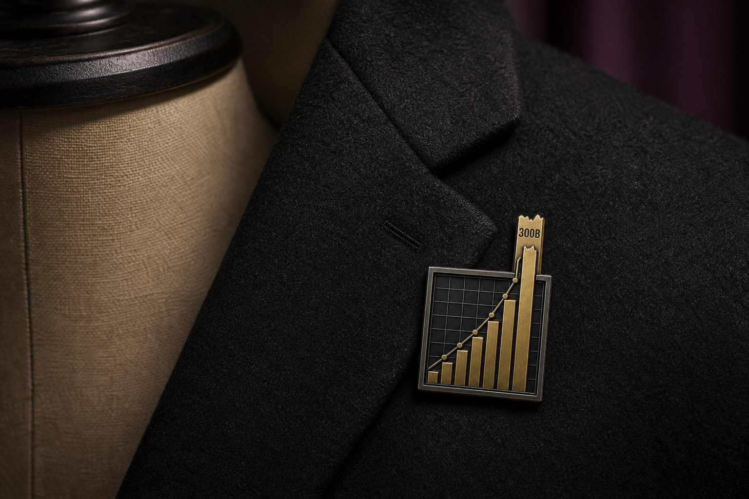 The Y-Axis Broke badge mounted on a black wool blazer lapel without a recognisable person